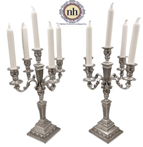 Pair of Portuguese Silver 5-Light Candelabra with Ornate Motifs