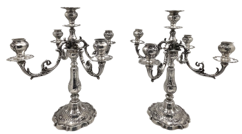 Pair of Gorham Sterling Silver 1900 5-Light Candelabra in Chantilly Grande Pattern and in Art Nouveau Style