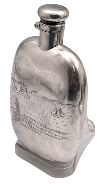 Shreve & Co. Sterling Silver Acid-Etched Flask with Marine Scene from Early 20th Century