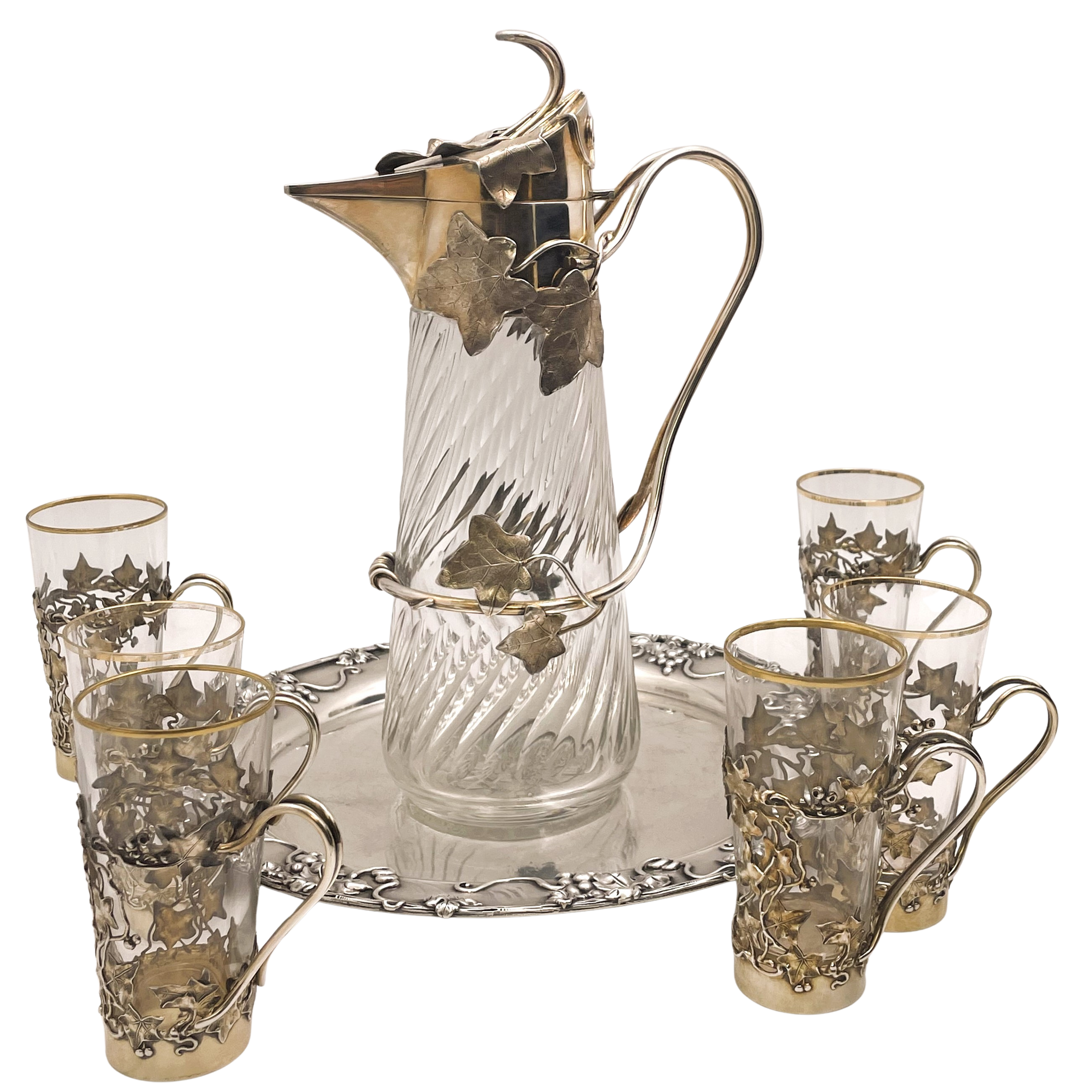 German Sterling Silver Claret Pitcher & Set of 6 Cups Barware Set on T. Starr Tray