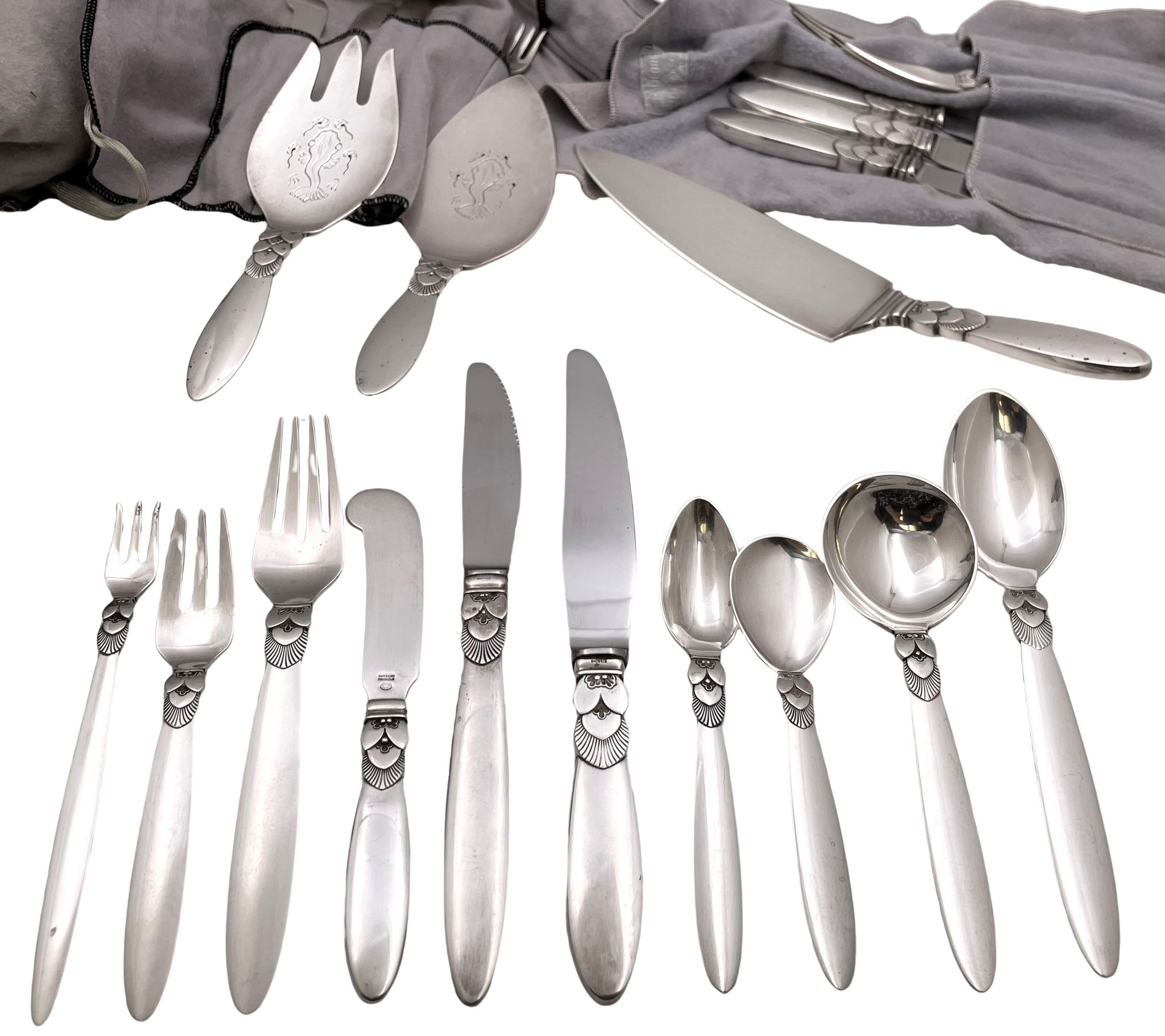 Georg Jensen Sterling Silver 48-Piece Flatware Set in Cactus Pattern with Servers