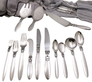 Georg Jensen Sterling Silver 48-Piece Flatware Set in Cactus Pattern with Servers