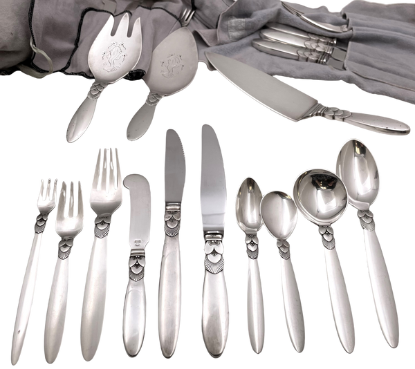 Georg Jensen Sterling Silver 48-Piece Flatware Set in Cactus Pattern with Servers