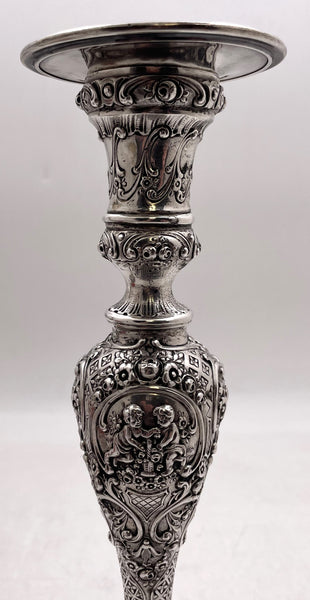 Pair of German Continental Silver Shabbat Candlesticks from 19th Century with Ornate Motifs