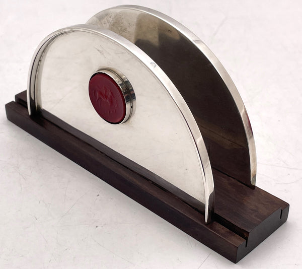 De Vecchi Sterling Silver & Wood Letter / Napkin Holder with Inlaid Seal in Mid-Century Modern Style