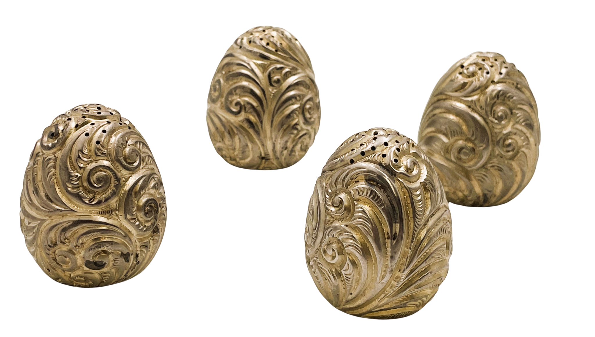 Set of 4 Cottle Gilt Sterling Silver Egg-Shaped Salt & Pepper Shakers from Late 19th/ Early 20th Century