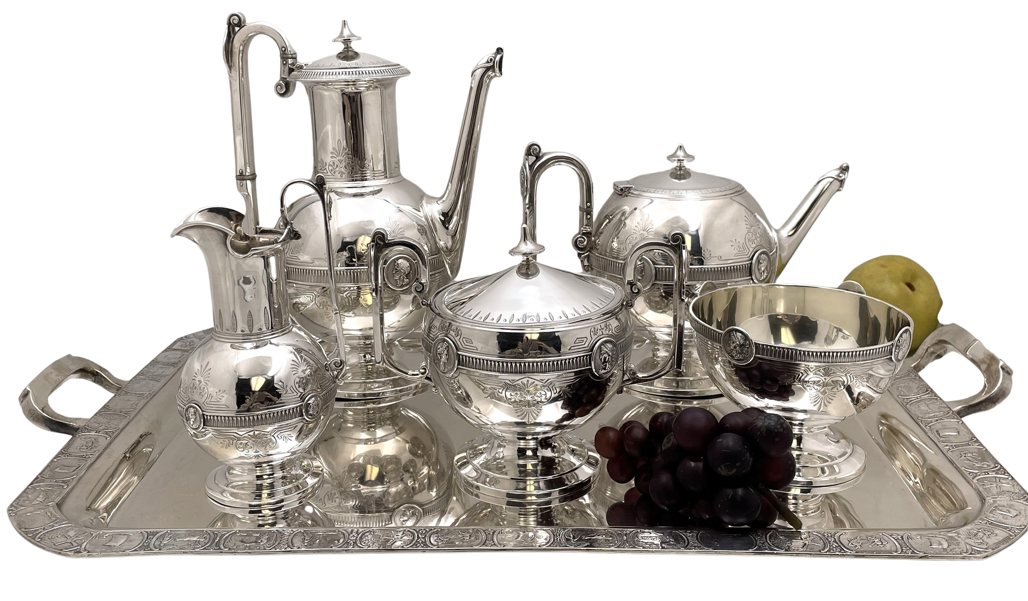 Rare Gorham Coin Silver Medallion 5-Piece Tea & Coffee Set on Tray from 1860s