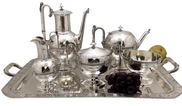 Rare Gorham Coin Silver Medallion 5-Piece Tea & Coffee Set on Tray from 1860s