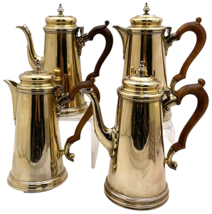 Percy Webster English Gilt Sterling Silver Set of 2 Pairs of Coffee Pots and Hot Milk Jugs from 1937