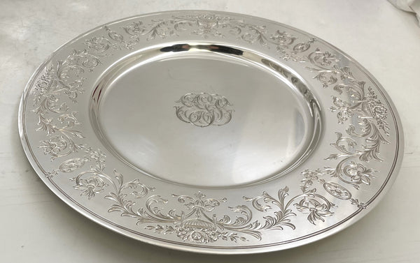 Bailey, Banks & Biddle Set of 12 Sterling Silver Chargers/ Dinner Plates in Heavy Gage with Floral Motifs