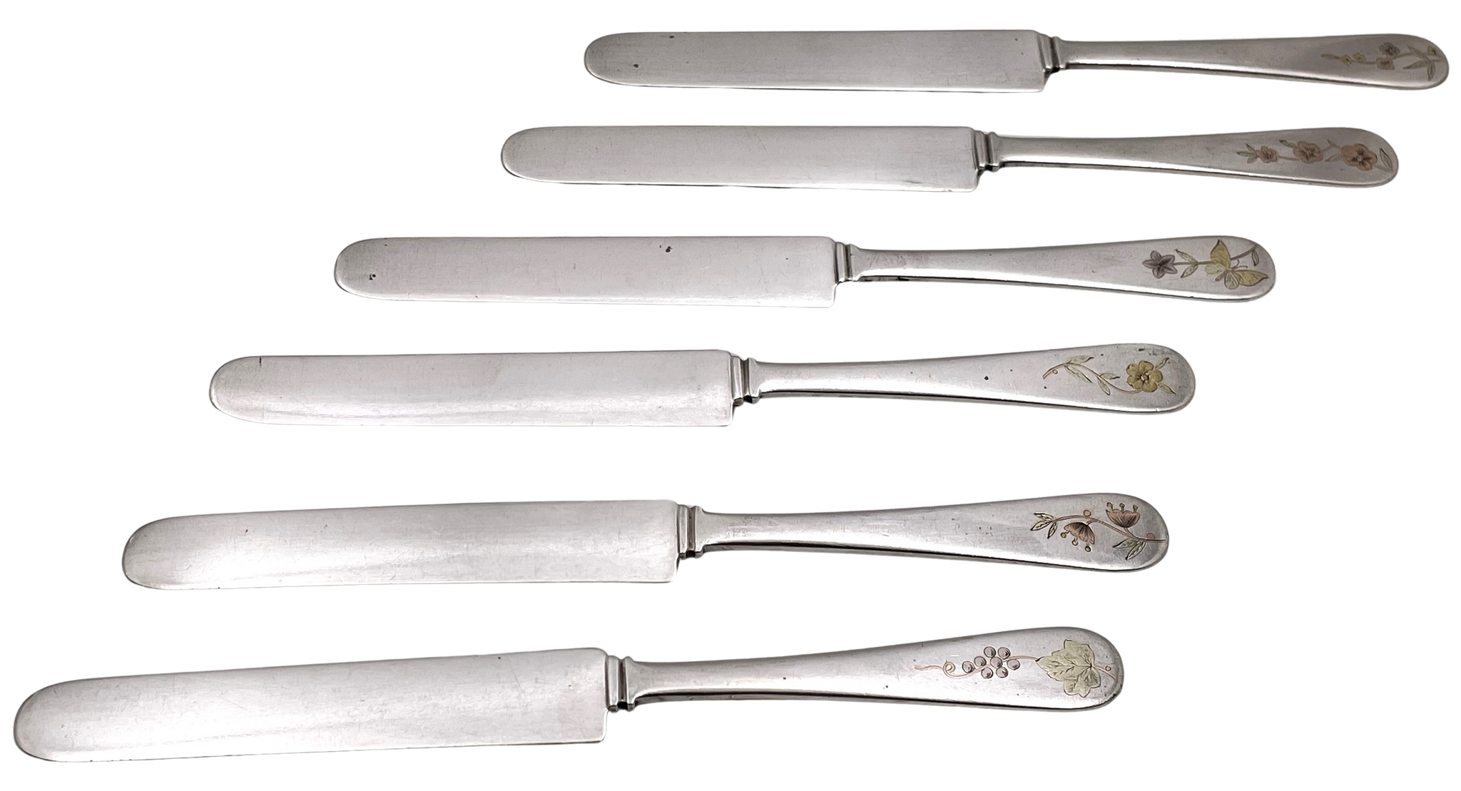 Dominick & Haff Set of 6 Mixed Metal (Sterling Silver with Gold Inlay) Knives from Late 19th Century