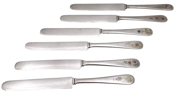 Dominick & Haff Set of 6 Mixed Metal (Sterling Silver with Gold Inlay) Knives from Late 19th Century