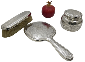 Tiffany & Co. Sterling Silver 1908 Vanity Set with Mirror, Powder Box & Brush in Art Nouveau Style