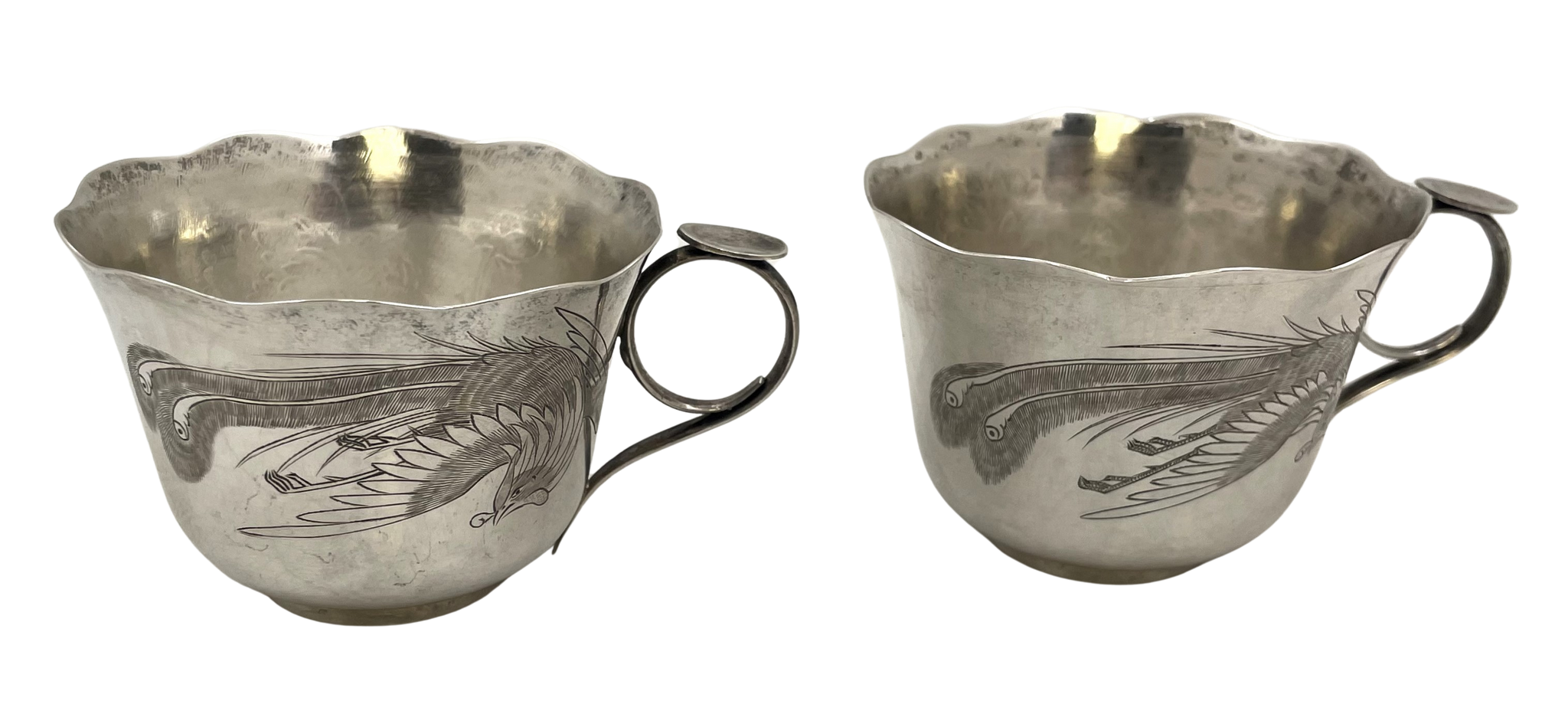 Pair of Japanese Silver Teacups with Peacock and Floral Motifs