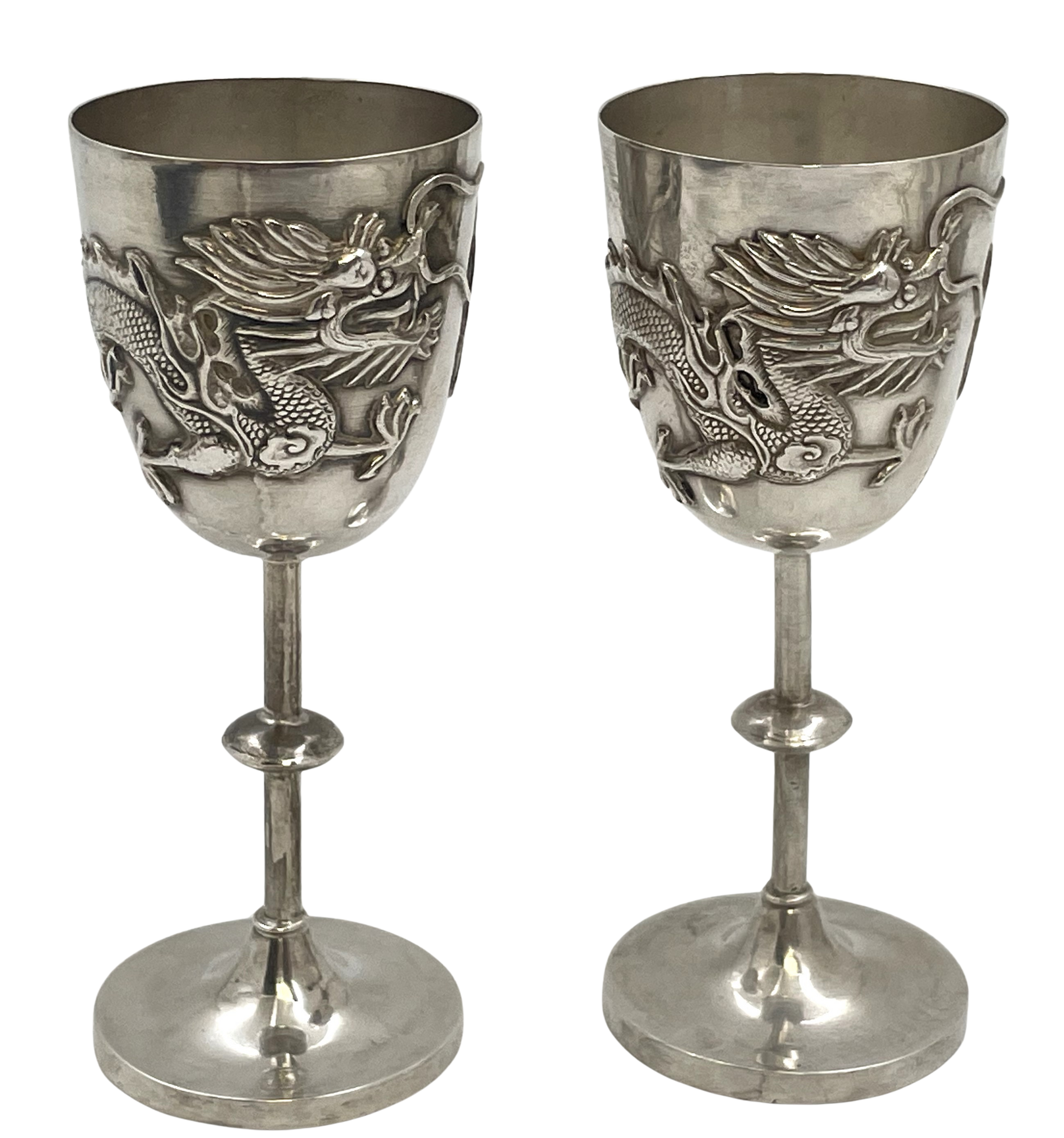 Pair of Chinese Silver Goblets with Dragon Motifs