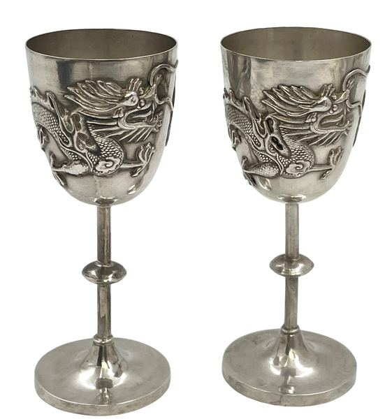 Pair of Chinese Silver Goblets with Dragon Motifs