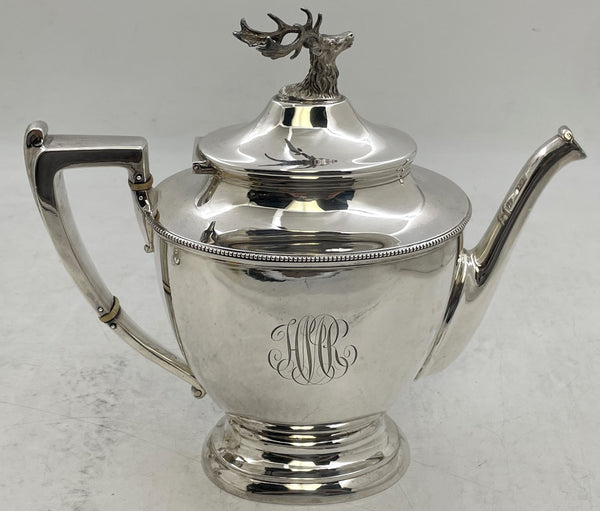 Shreve, Stanwood & Co. Sterling Silver 3-Piece Tea Set Circa 1860s with Stag Deer Motifs