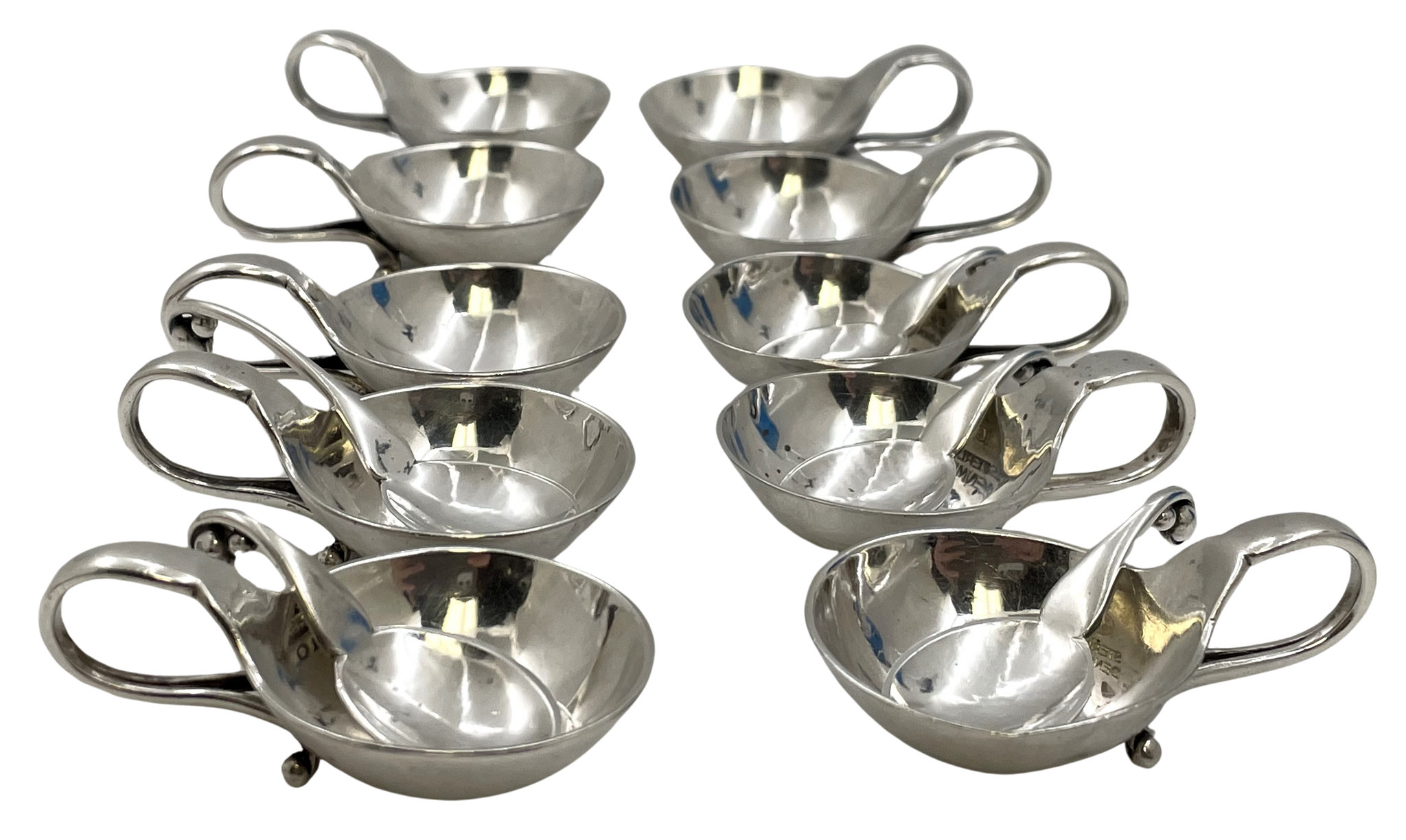 Georg Jensen Set of 10 Sterling Silver Salt Cellars #44B and 5 Salt Spoons #110