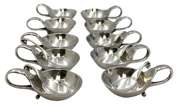 Georg Jensen Set of 10 Sterling Silver Salt Cellars #44B and 5 Salt Spoons #110