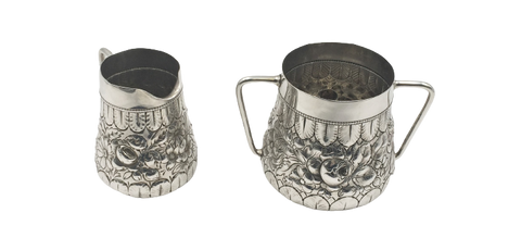 Gorham 1890 Sterling Silver Creamer & Sugar in Repousse Floral Pattern