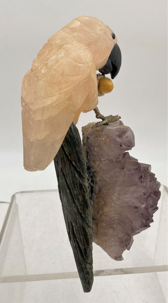 Parrot Bird Carved Stone Sculpture on Amethyst